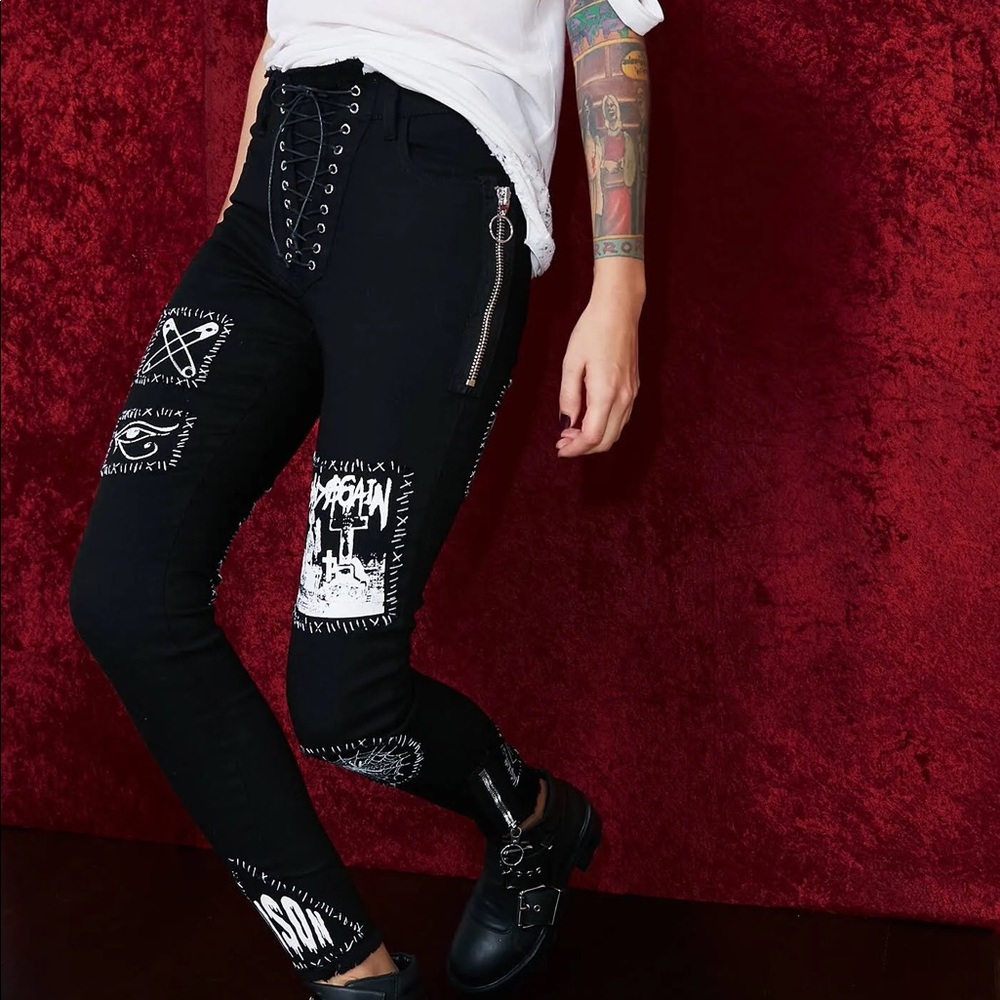 NWT Dolls kill Current Mood Stitch Bitch Lace-Up Patch Jeans